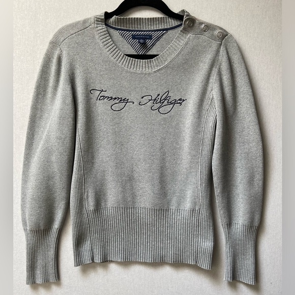 Tommy Hilfiger logo  gray cotton crewneck knit sweater Sz M - Picture 1 of 7